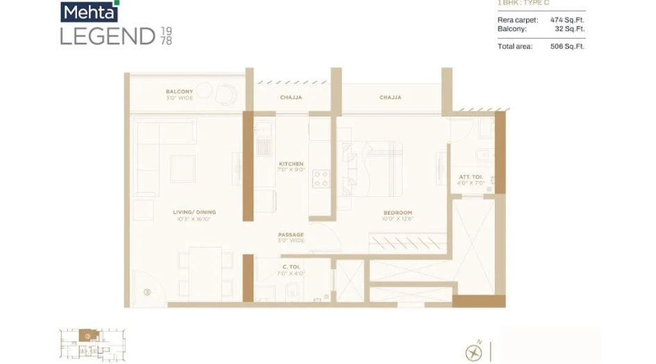 Mehta-LEGEND-1978-Floor-plan-1BHK-506 Sqft